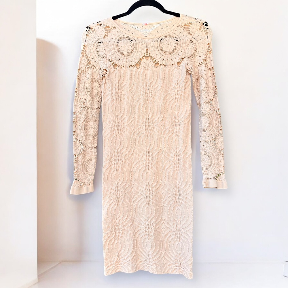 American Vintage Eyelet Bodycon Long Sleeve Dress Nude Beige Womens Size Small